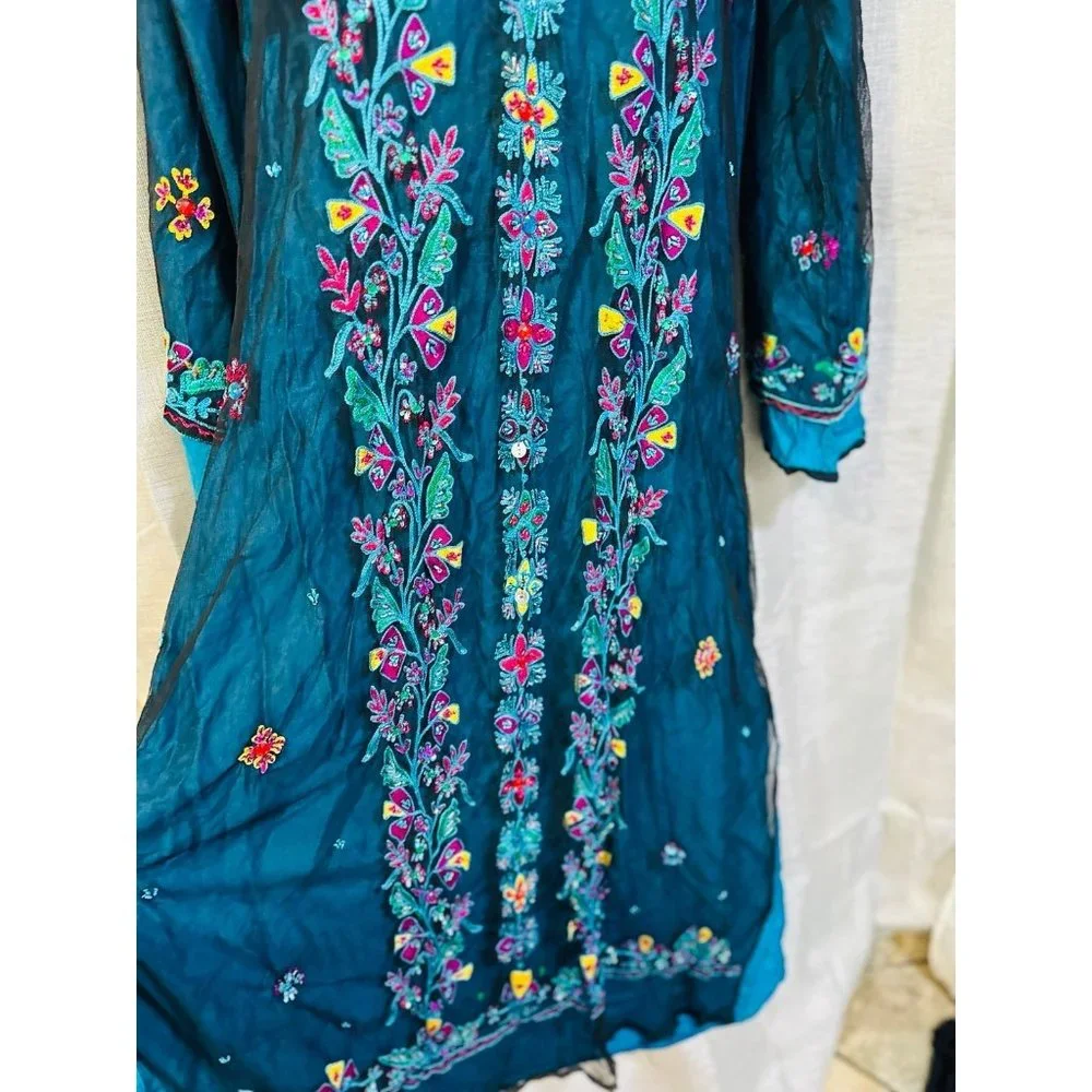 Dress gown maxi abaya turquoise green blue embroidered boho fashion - Picture 7 of 12